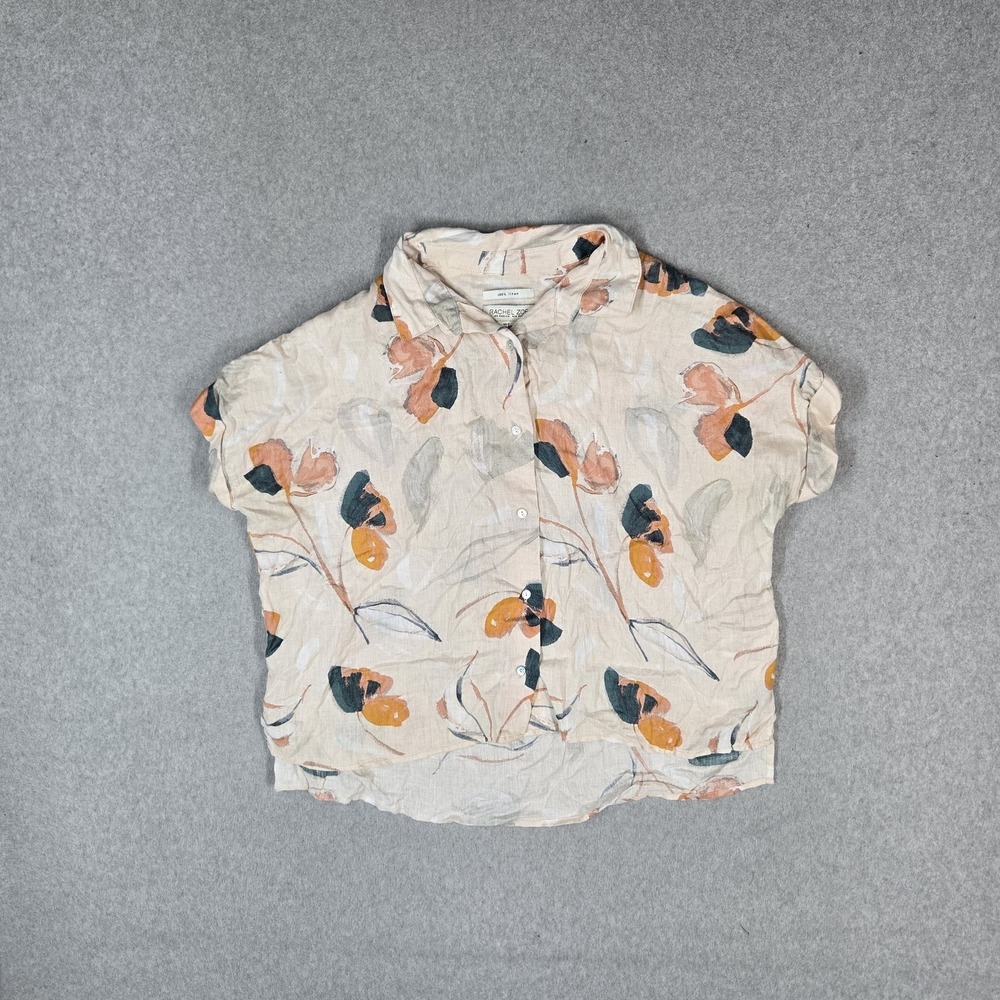 Rachel Zoe Women Button Up Shirt S Orange Floral 100% Linen Watercolor Collar